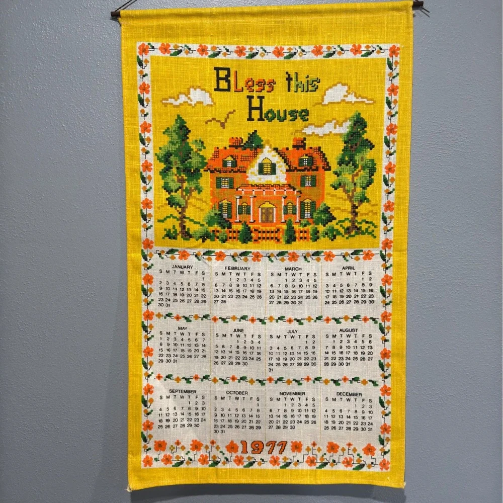 Vintage 1977 Linen Wall Calendar Bless This House Retro Kitsch Yellow 16.5x27.5